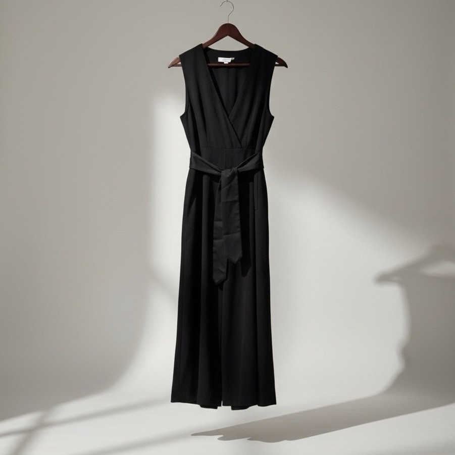 Black Wide-Leg Belted Cut-Out Cape Back Jumpsuit Sz 4 Original Price $440